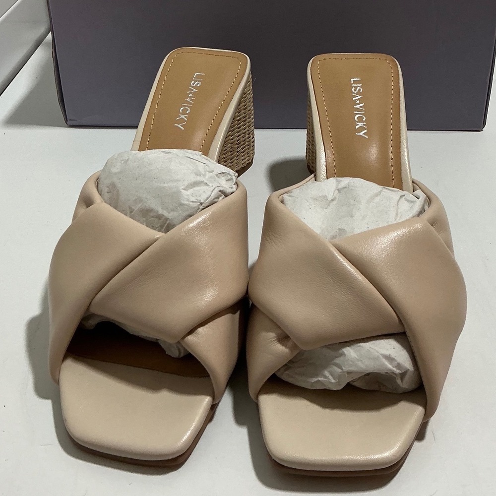 Lisa Vicky Impress-V Nude Sheep Nappa Leather Raffia Block Heel Sandals 7M